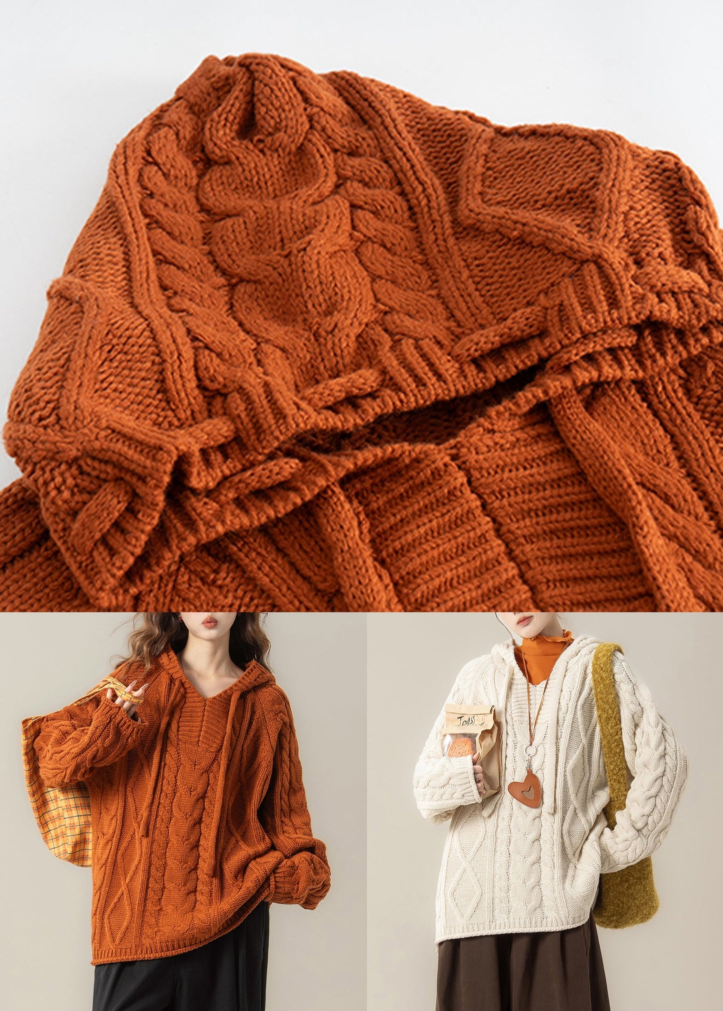 Orange Solid Oversized Cable Knit Spring Top Hooded