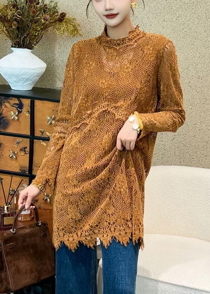 Orange Solid Tie Waist Lace Mini Dresses Hollow Out