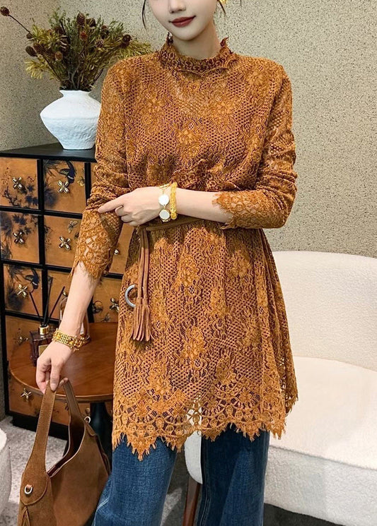 Orange Solid Tie Waist Lace Mini Dresses Hollow Out