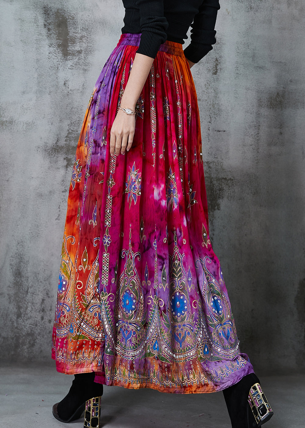 Orange Tie Dye Cotton Skirt Exra Large Hem Spring