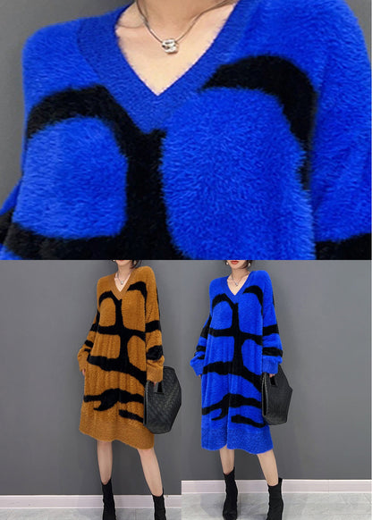 Orange V Neck Patchwork Mink Velvet Maxi Dress Fall