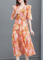 Orange V Neck Print Ruffled Wrinkled Silk Party Long Dress Flare  Sleeve