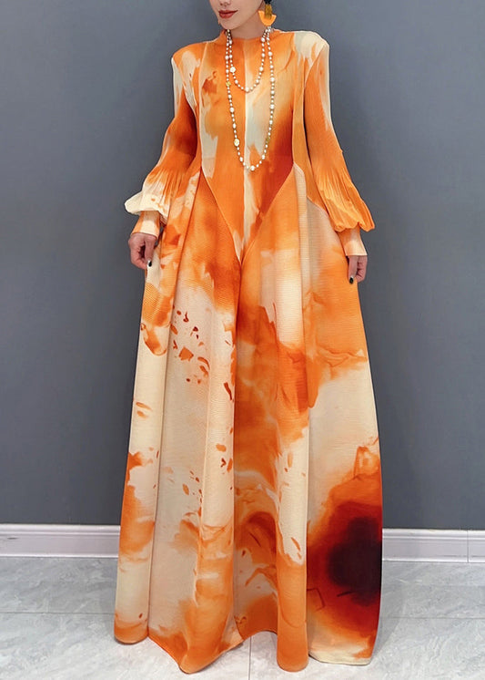 Orange Wrinkled Patchwork Cotton Maxi Dress O Neck Fall