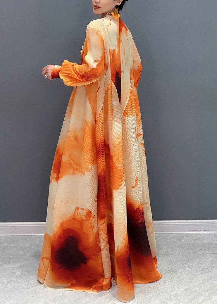 Orange Wrinkled Patchwork Cotton Maxi Dress O Neck Fall