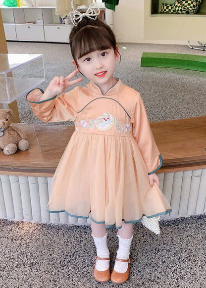Orange Zippered Tulle Patchwork Cotton Girls Dress Stand Collar Fall