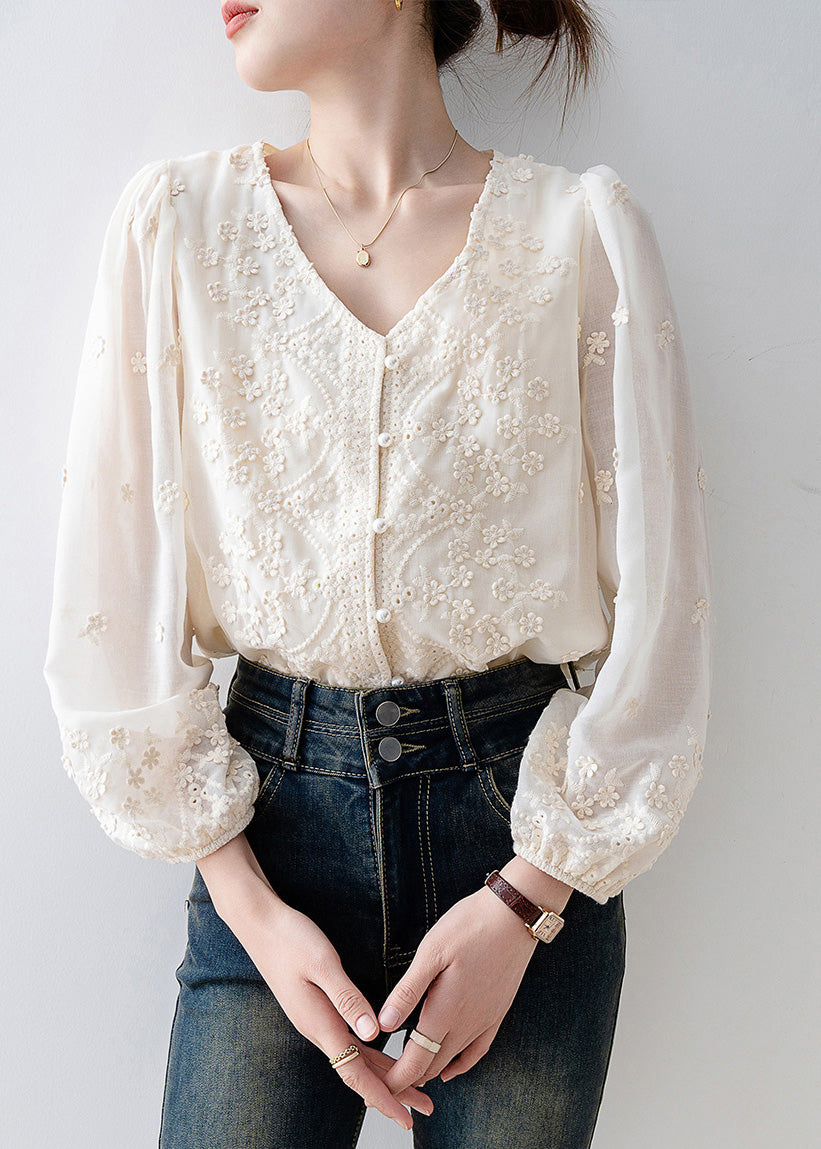 Organic Beige Embroidered Nail Bead Chiffon Shirt Tops Spring