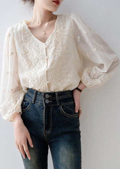 Organic Beige Embroidered Nail Bead Chiffon Shirt Tops Spring