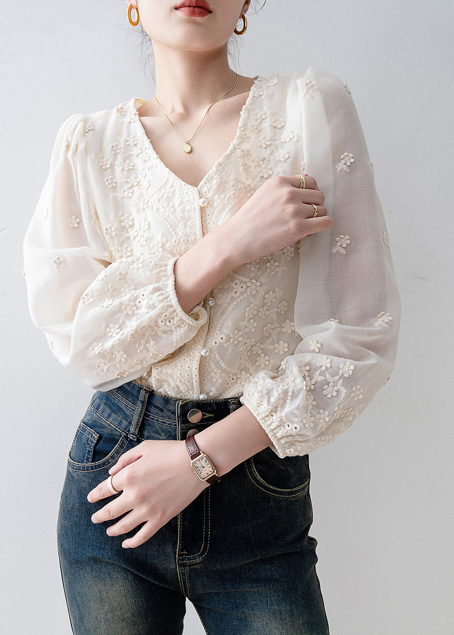 Organic Beige Embroidered Nail Bead Chiffon Shirt Tops Spring