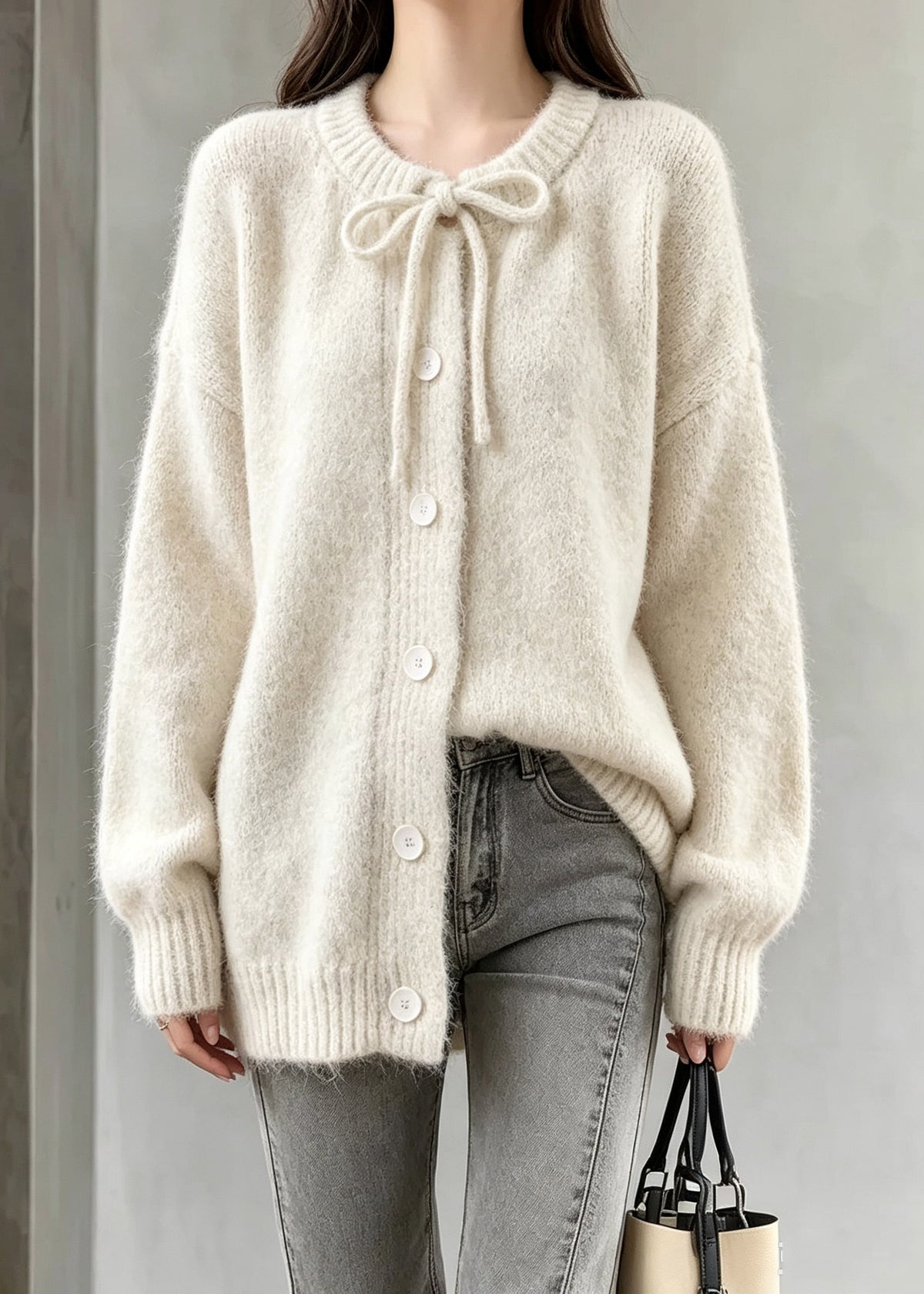 Organic Beige O-Neck Button Solid Cotton Knit Cardigan Long Sleeve