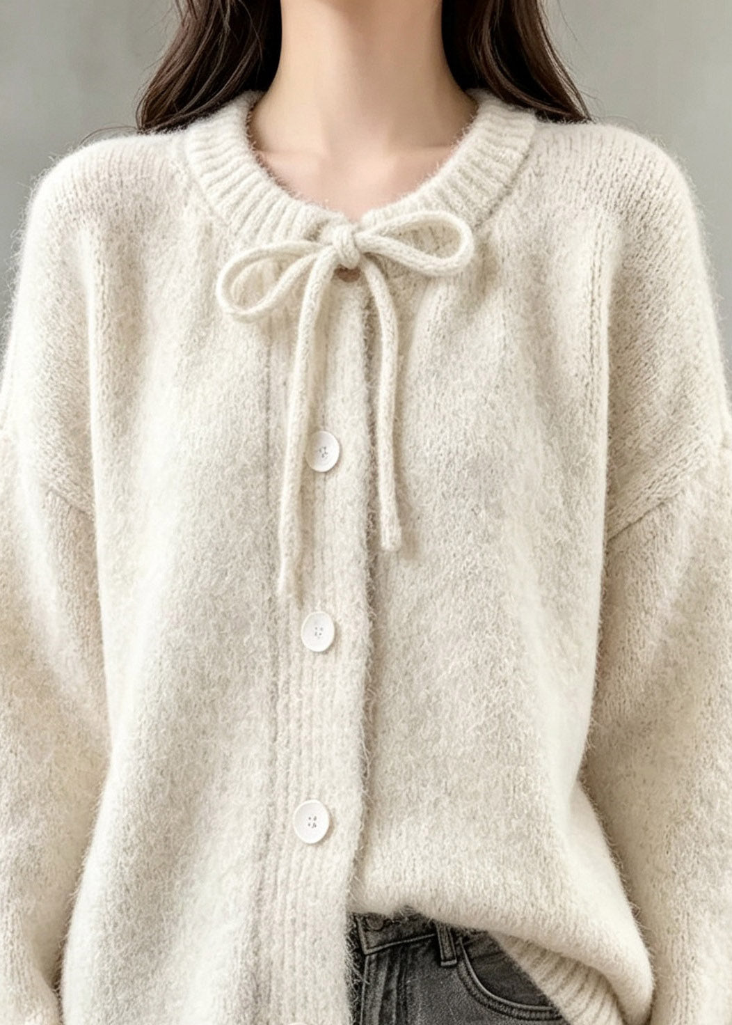 Organic Beige O-Neck Button Solid Cotton Knit Cardigan Long Sleeve