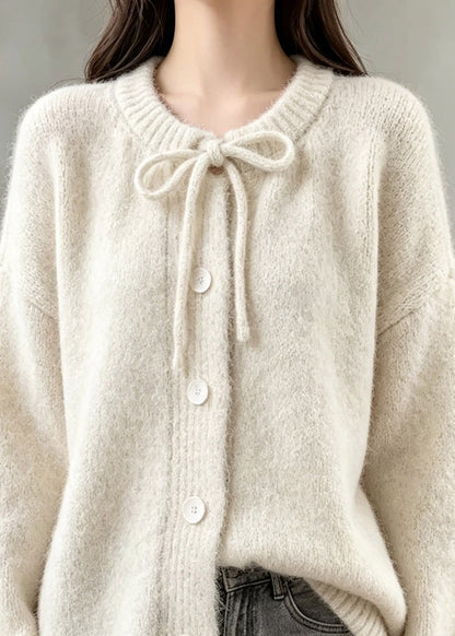 Organic Beige O-Neck Button Solid Cotton Knit Cardigan Long Sleeve