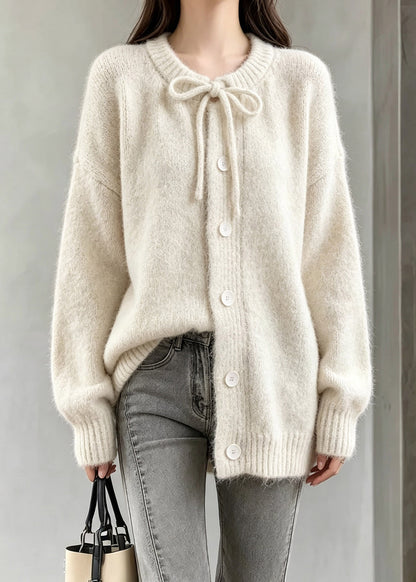 Organic Beige O-Neck Button Solid Cotton Knit Cardigan Long Sleeve