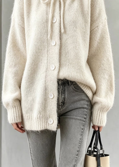 Organic Beige O-Neck Button Solid Cotton Knit Cardigan Long Sleeve