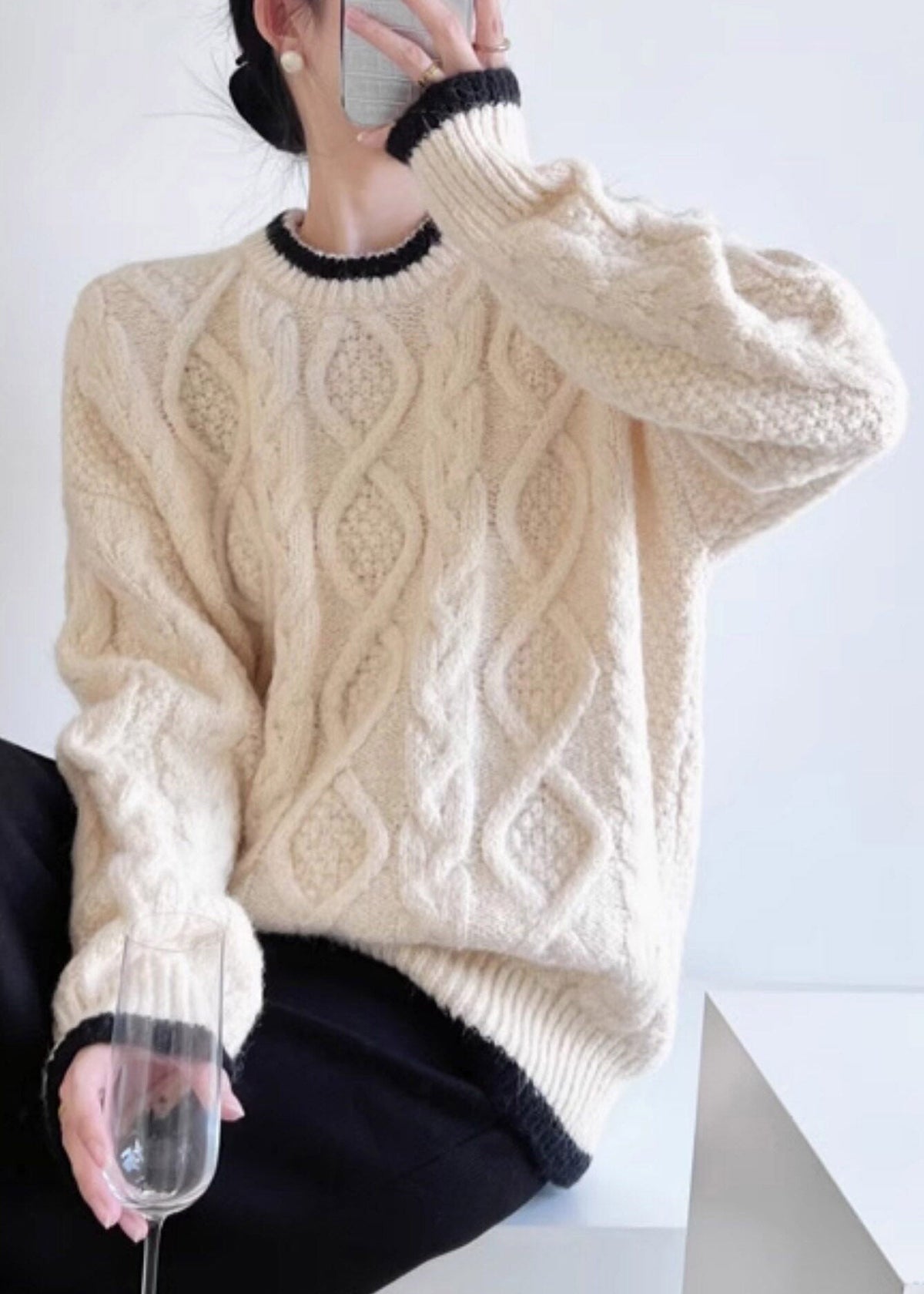 Organic Beige O-Neck Patchwork Cotton Knit Sweater Fall