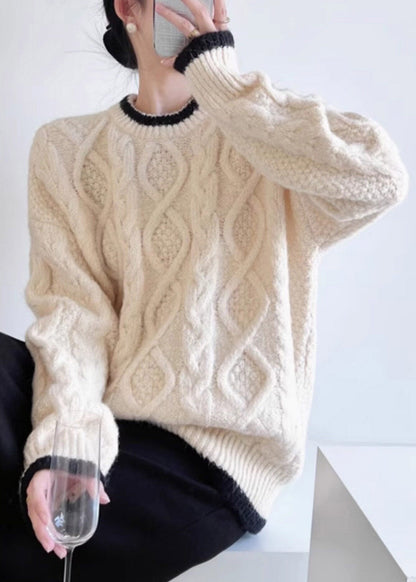 Organic Beige O-Neck Patchwork Cotton Knit Sweater Fall