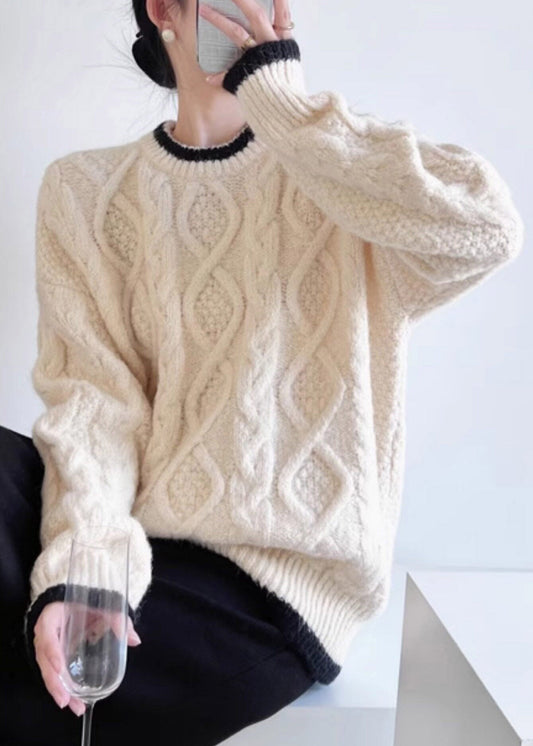 Organic Beige O-Neck Patchwork Cotton Knit Sweater Fall