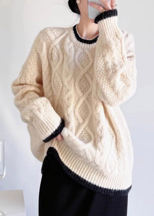 Organic Beige O-Neck Patchwork Cotton Knit Sweater Fall