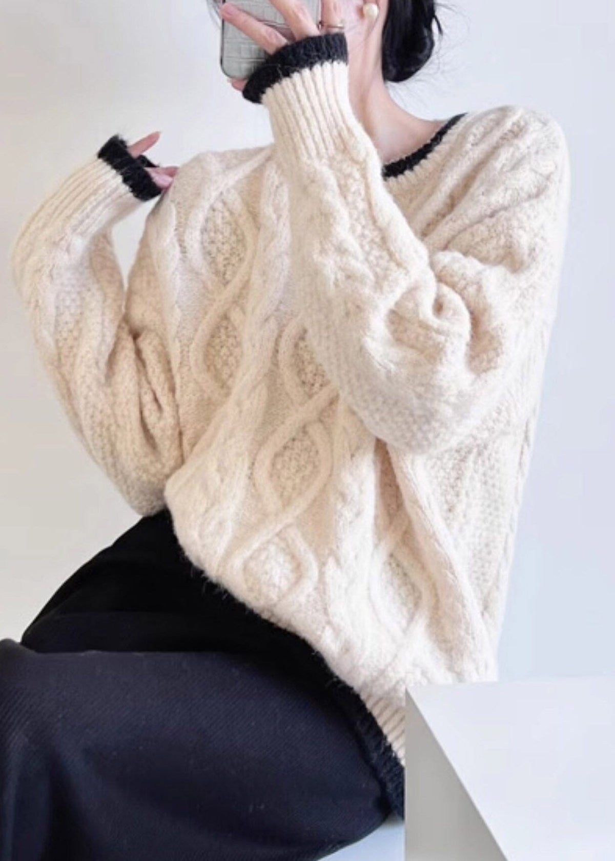 Organic Beige O-Neck Patchwork Cotton Knit Sweater Fall