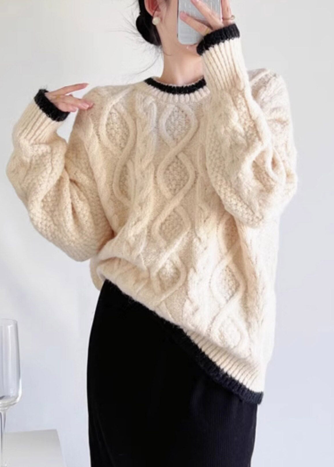 Organic Beige O-Neck Patchwork Cotton Knit Sweater Fall