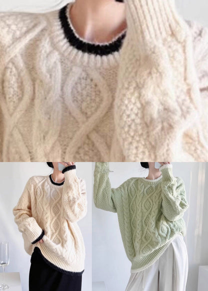 Organic Beige O-Neck Patchwork Cotton Knit Sweater Fall