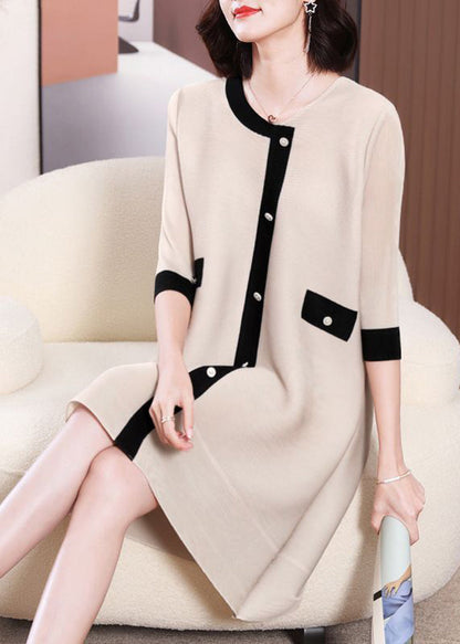 Organic Beige O-Neck Patchwork Wrinkled Holiday Dress Half Sleeve