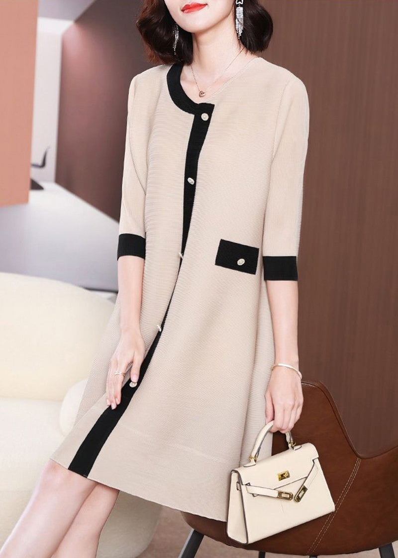 Organic Beige O-Neck Patchwork Wrinkled Holiday Dress Half Sleeve