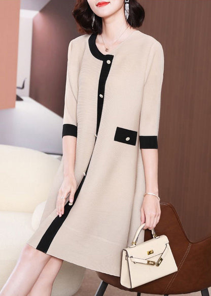 Organic Beige O-Neck Patchwork Wrinkled Holiday Dress Half Sleeve