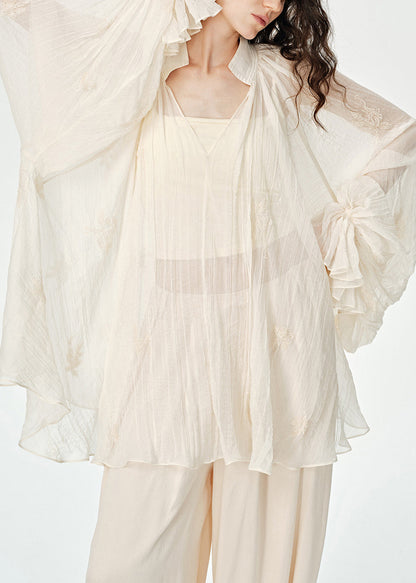 Organic Beige Oversized Wrinkled Embroidered Sheer Chiffon UPF 50+ Tops Summer