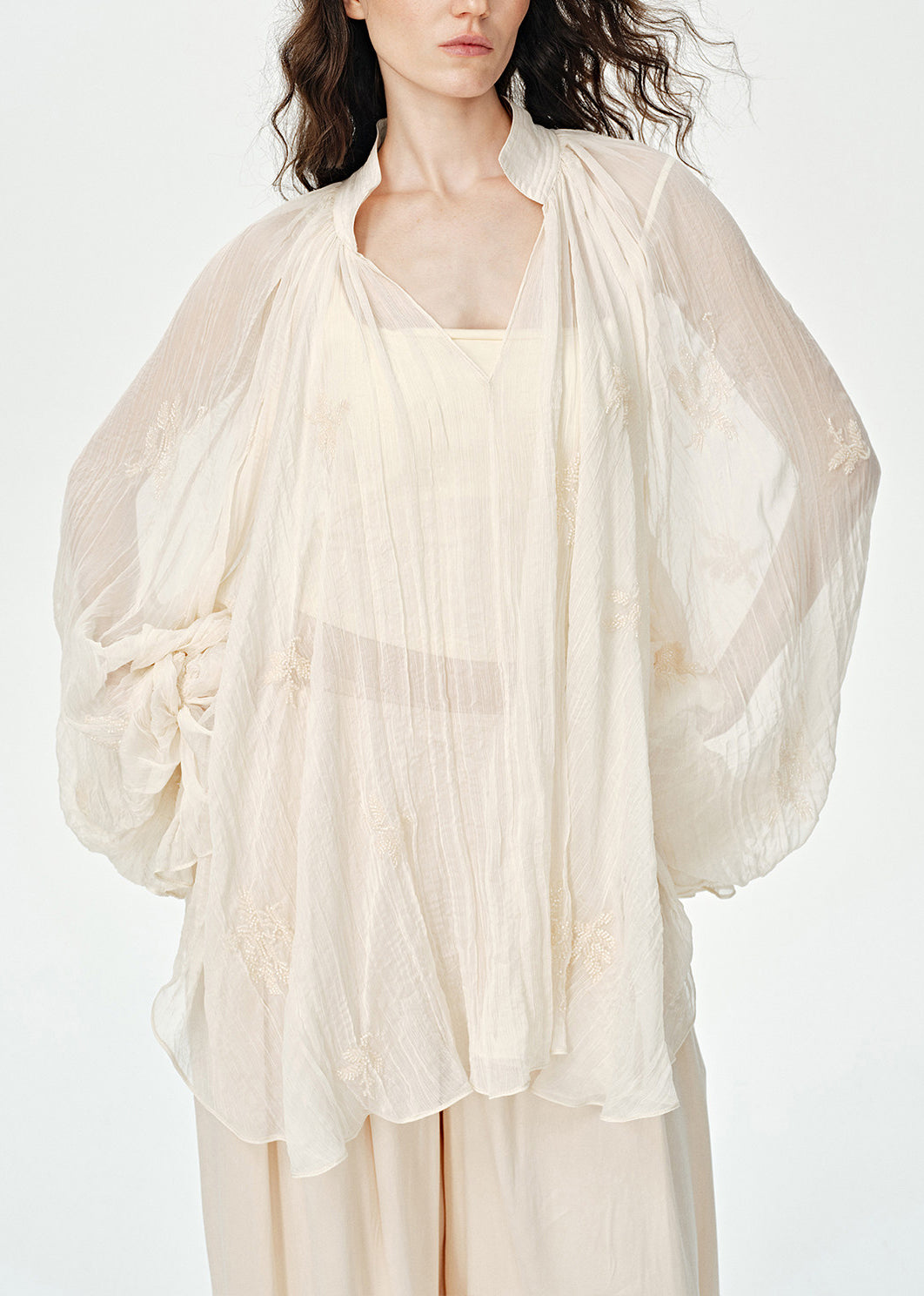 Organic Beige Oversized Wrinkled Embroidered Sheer Chiffon UPF 50+ Tops Summer