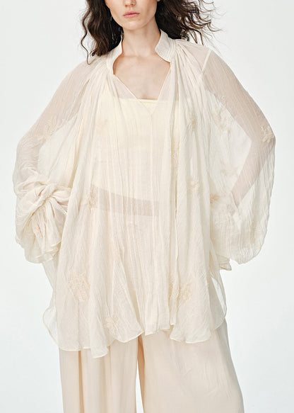 Organic Beige Oversized Wrinkled Embroidered Sheer Chiffon UPF 50+ Tops Summer