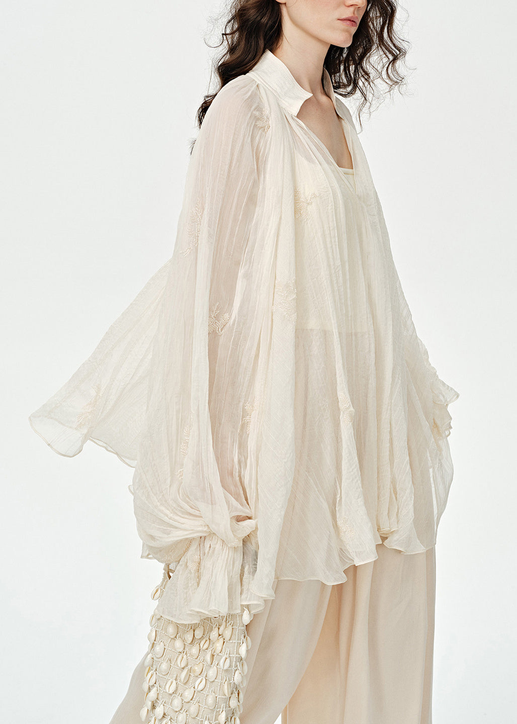 Organic Beige Oversized Wrinkled Embroidered Sheer Chiffon UPF 50+ Tops Summer