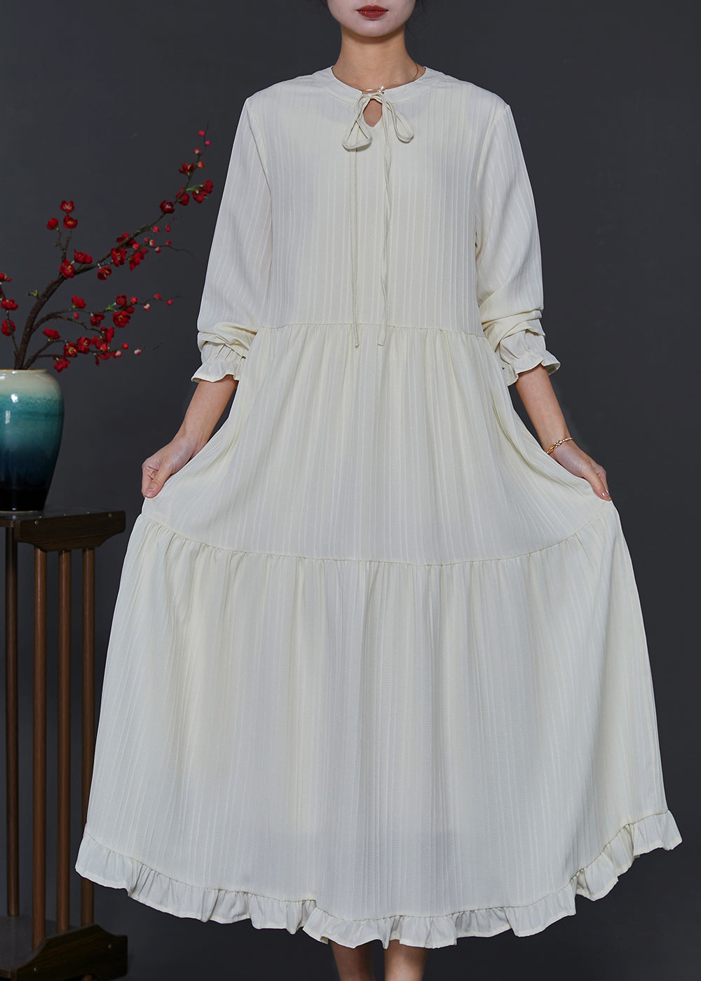 Organic Beige Ruffled Exra Large Hem Long Dress Summer