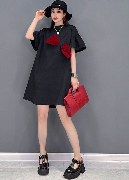 Organic Black Brief Bow Patchwork Cotton Mid Dress Short Sleeve