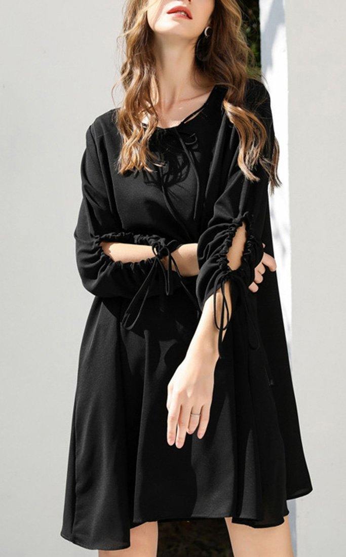 Organic Black Cinched Chiffon O-Neck Hollow Out Summer Party Dress - SooLinen