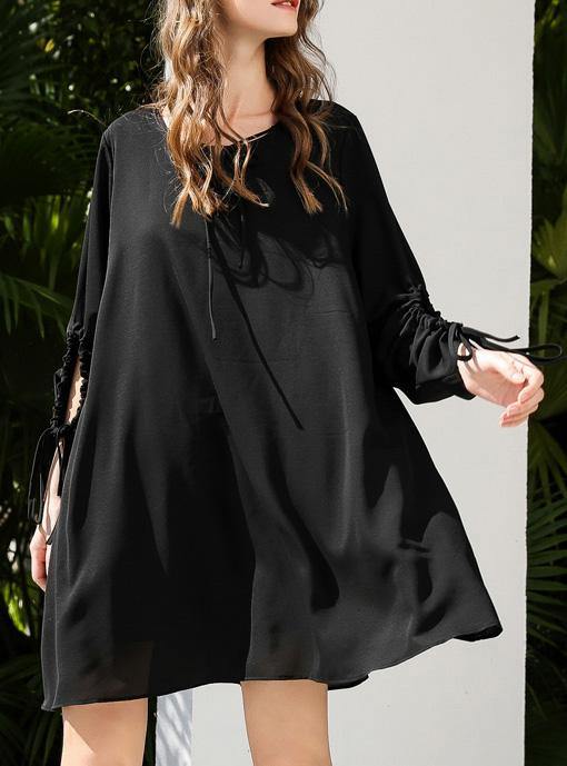 Organic Black Cinched Chiffon O-Neck Hollow Out Summer Party Dress - SooLinen