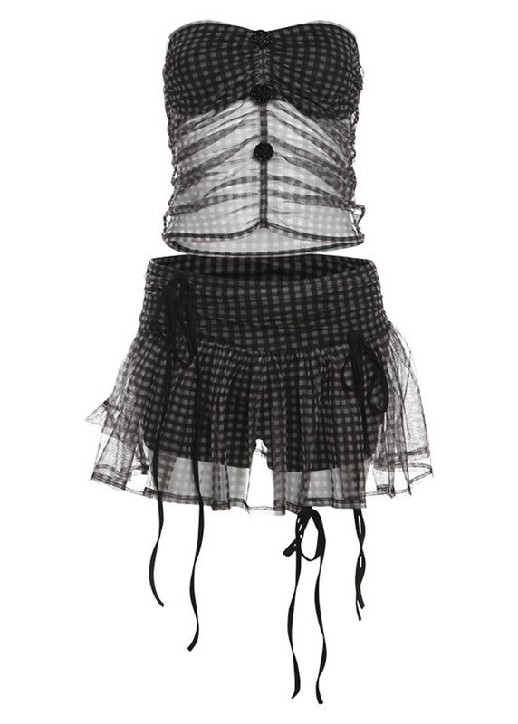 Organic Black Cold Shoulder Bow Tulle Vest And Pleated Skirt Two Pieces Set Summer