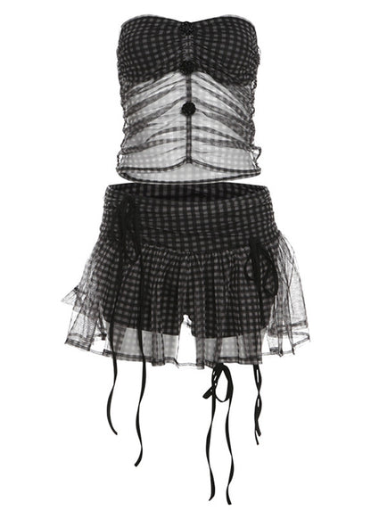 Organic Black Cold Shoulder Bow Tulle Vest And Pleated Skirt Two Pieces Set Summer