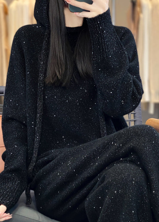 Organic Black Hooded Sweaters And Pants Woolen Two Pieces Set Spring