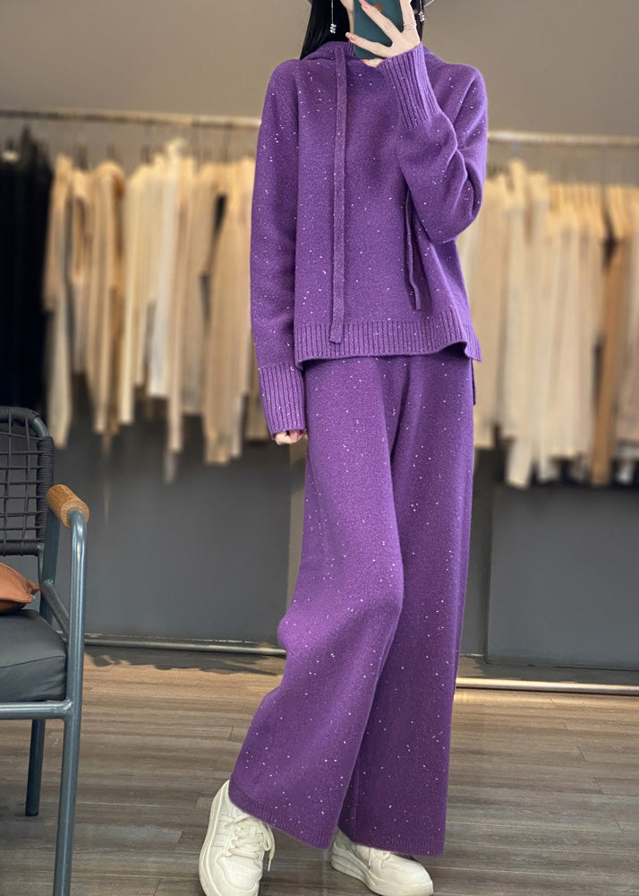 Organic Black Hooded Sweaters And Pants Woolen Two Pieces Set Spring