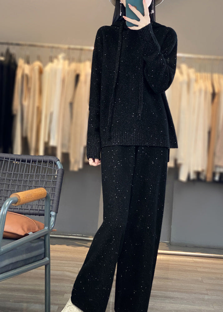 Organic Black Hooded Sweaters And Pants Woolen Two Pieces Set Spring
