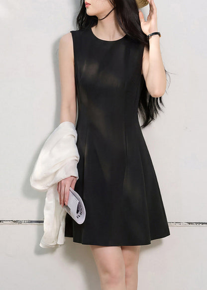 Organic Black O-Neck Cotton Mid Dress Summer