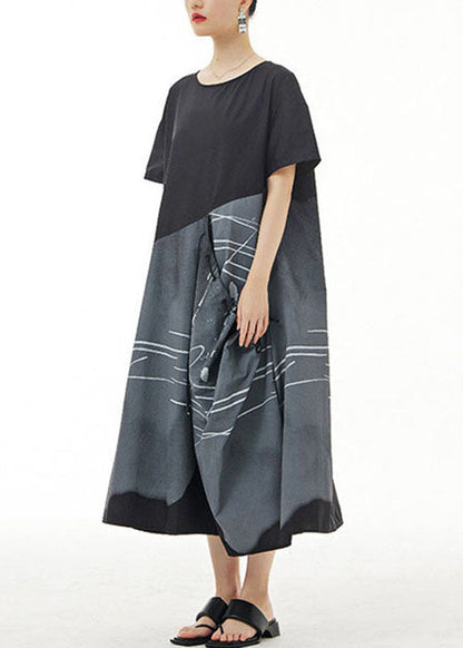 Organic Black O Neck Print Patchwork Cotton Dress Summer