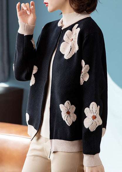 Organic Black O-Neck Print Zippered Cotton Knit Cardigans Fall