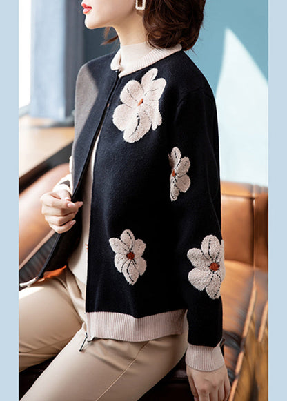 Organic Black O-Neck Print Zippered Cotton Knit Cardigans Fall