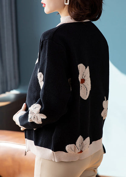 Organic Black O-Neck Print Zippered Cotton Knit Cardigans Fall