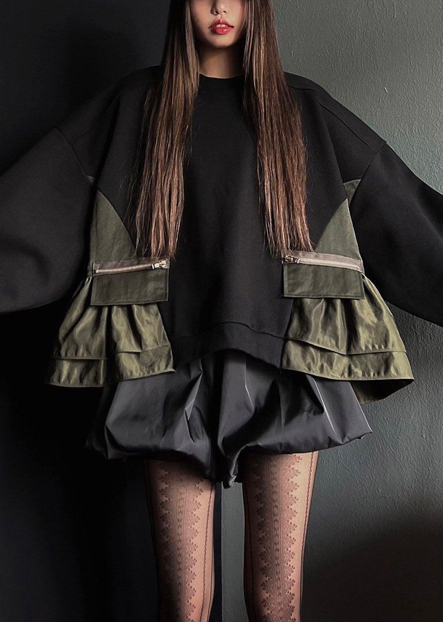 Organic Black O-Neck Zippered Patchwork Sweatshirt Fall