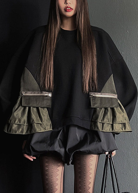 Organic Black O-Neck Zippered Patchwork Sweatshirt Fall