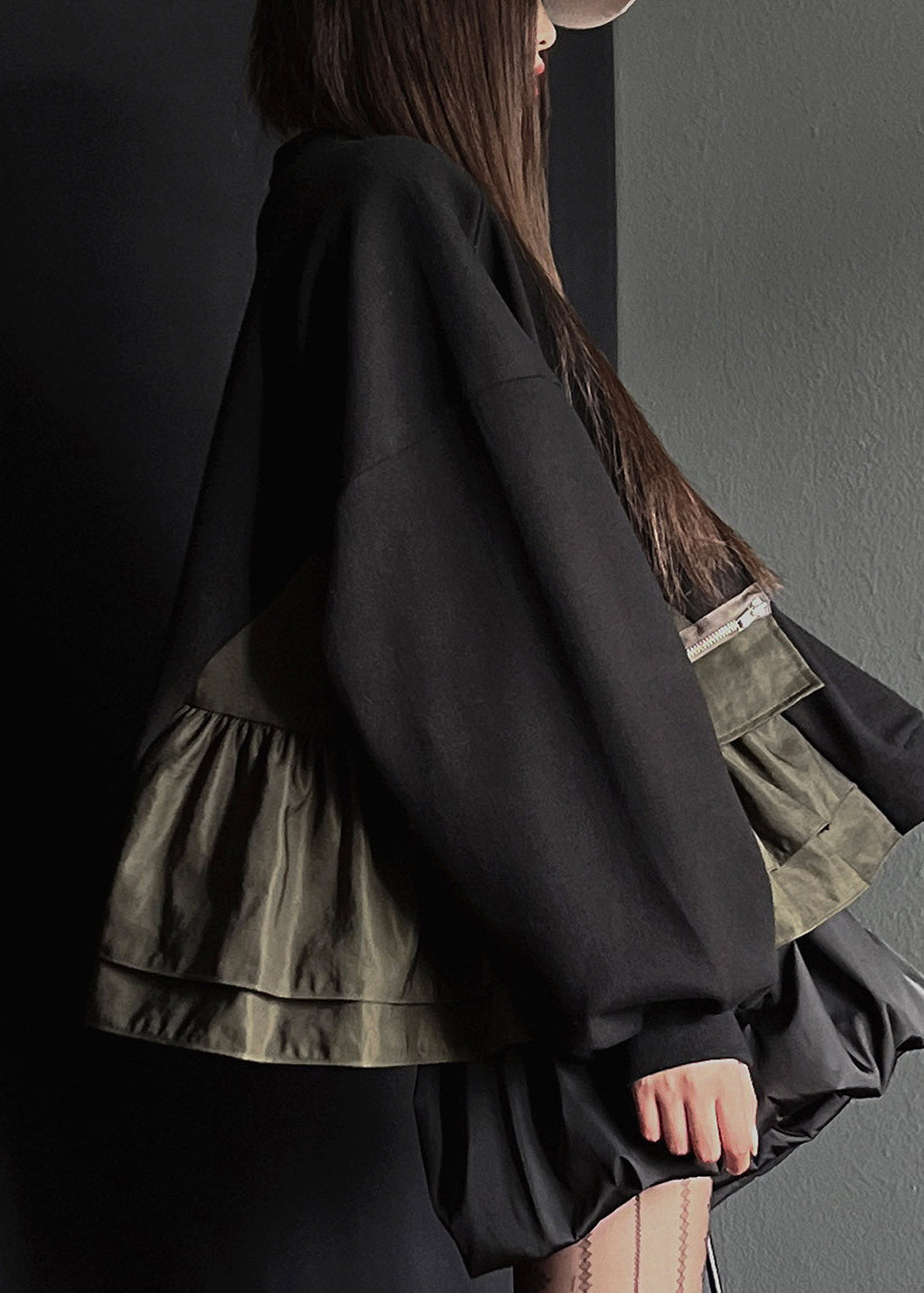 Organic Black O-Neck Zippered Patchwork Sweatshirt Fall