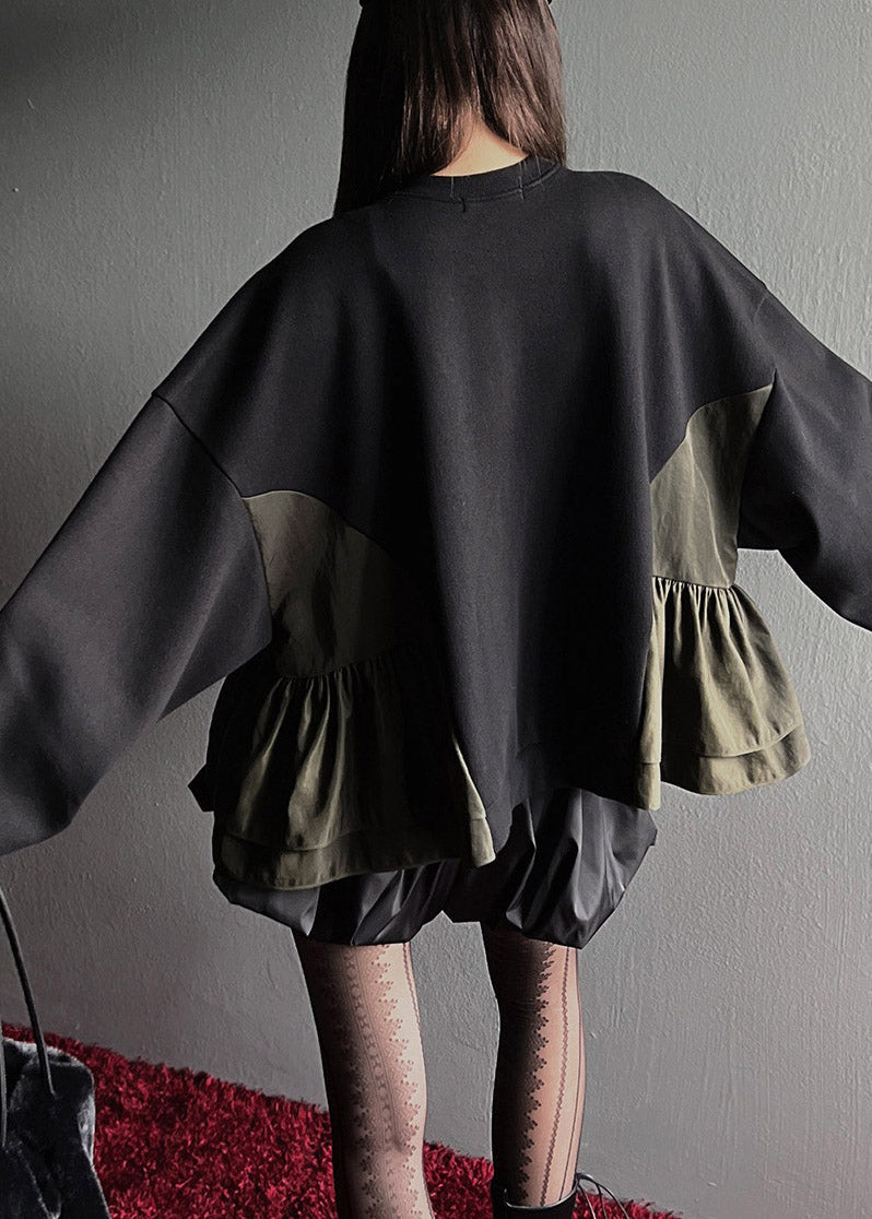 Organic Black O-Neck Zippered Patchwork Sweatshirt Fall