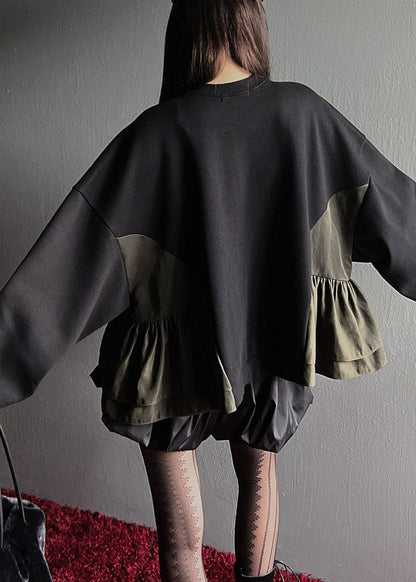 Organic Black O-Neck Zippered Patchwork Sweatshirt Fall